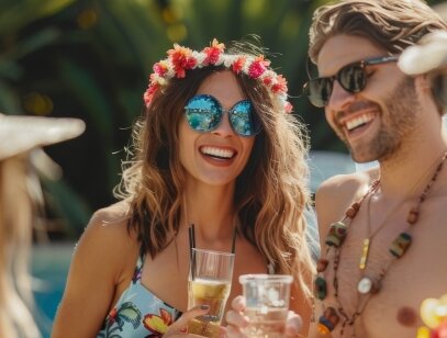 Paerchen mit sonnenbrillen in Badekleidung und Cocktails auf Party