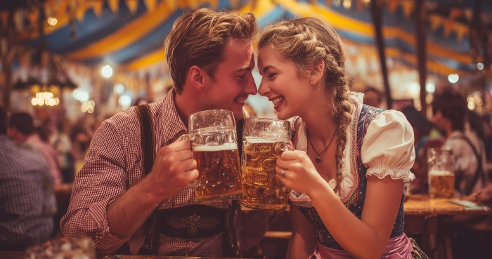 verliebtes Pärchen in Tracht stöst mit Maßkrügen an